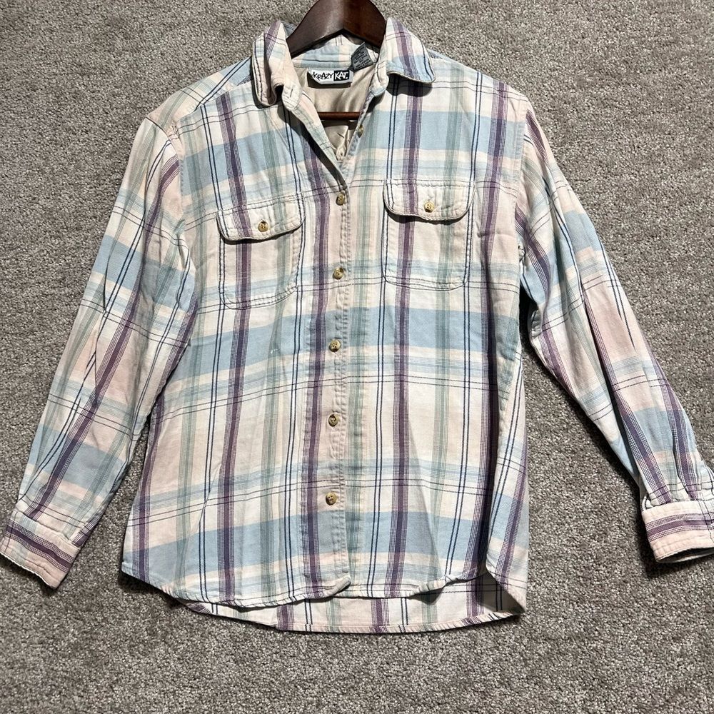 Krazy Kat Woman’s Plaid Button Up Long Sleeve Shirt Purple Blue Size Medium